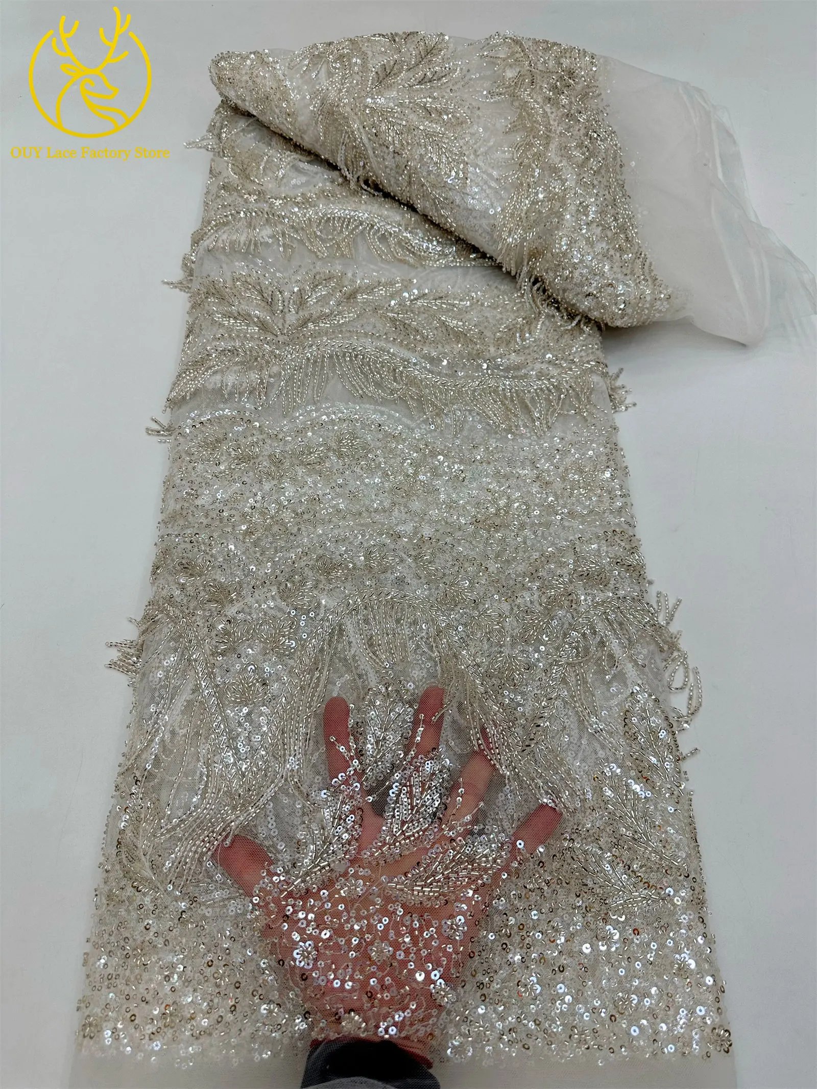 Goldener 3D-Hängeperlen-Spitzenstoff, hochwertiger afrikanischer Spitzenstoff, luxuriöser französischer Tüll mit Pailletten für Hochzeits- und Partykleider – Detail 14