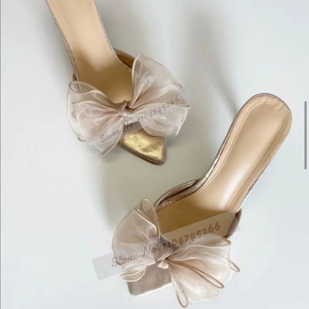 Mules à talons hauts avec nœud papillon en maille d'air Champagne, pantoufles modernes à bout pointu en or clair avec gros nœud papillon, sandales d'extérieur à enfiler