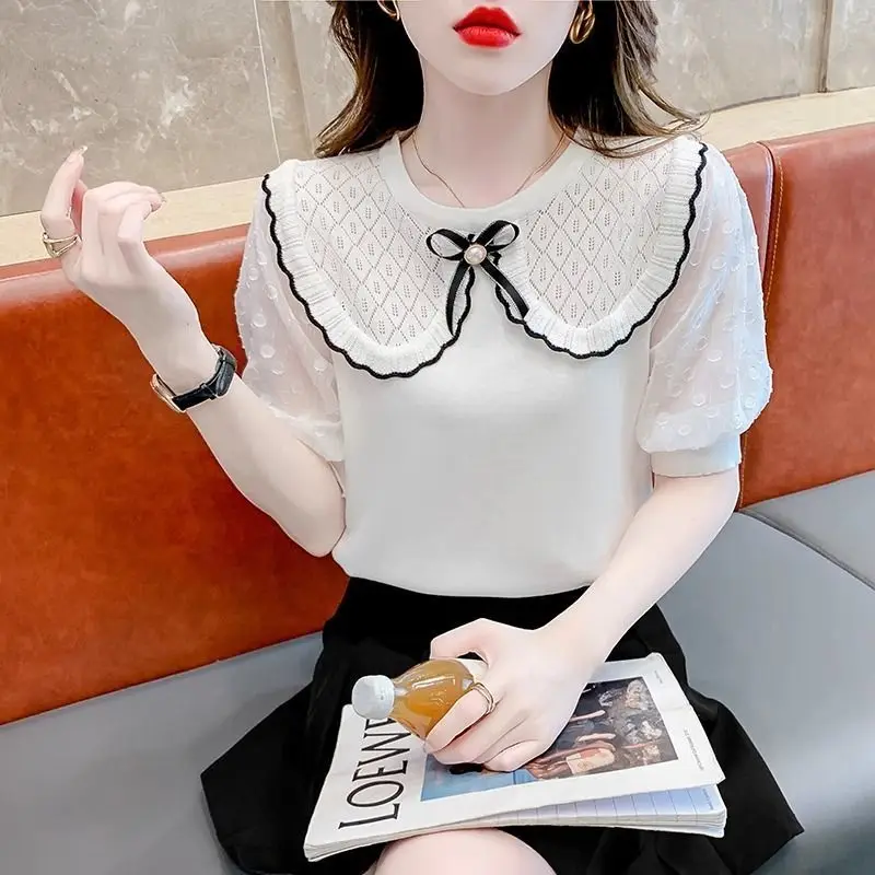 Ice Silk Knit Short-sleeved T-shirt Women's New Summer Temperament Chiffon Bubble Sleeve Top