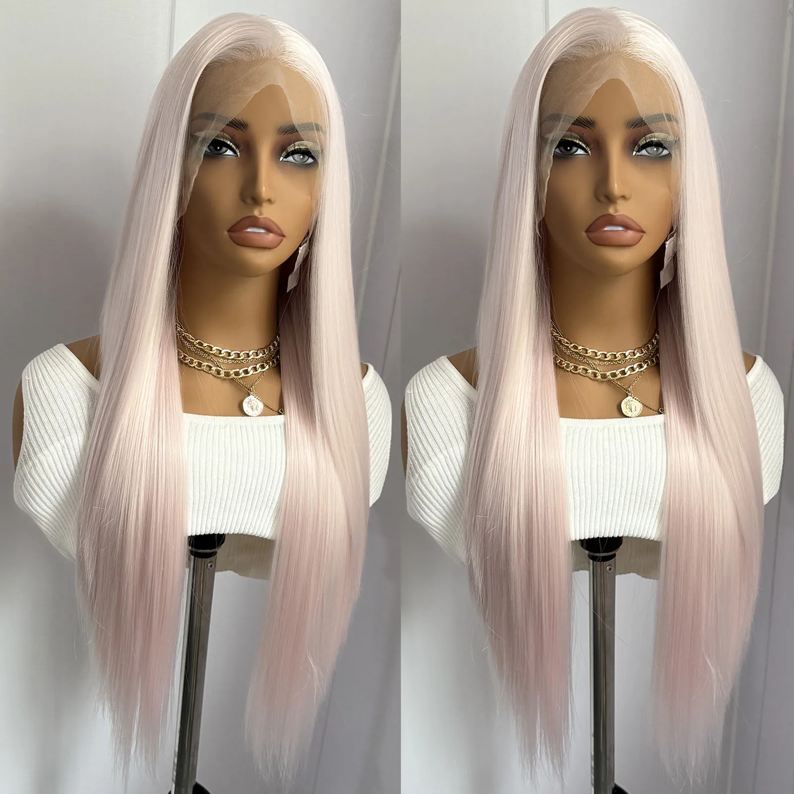 

Light Pink Long Straight Wig Synthetic Hair Pink 13X4 Lace Front Wigs Heat Resistant Silky Straight Pink Hair Cosplay Daily Wear