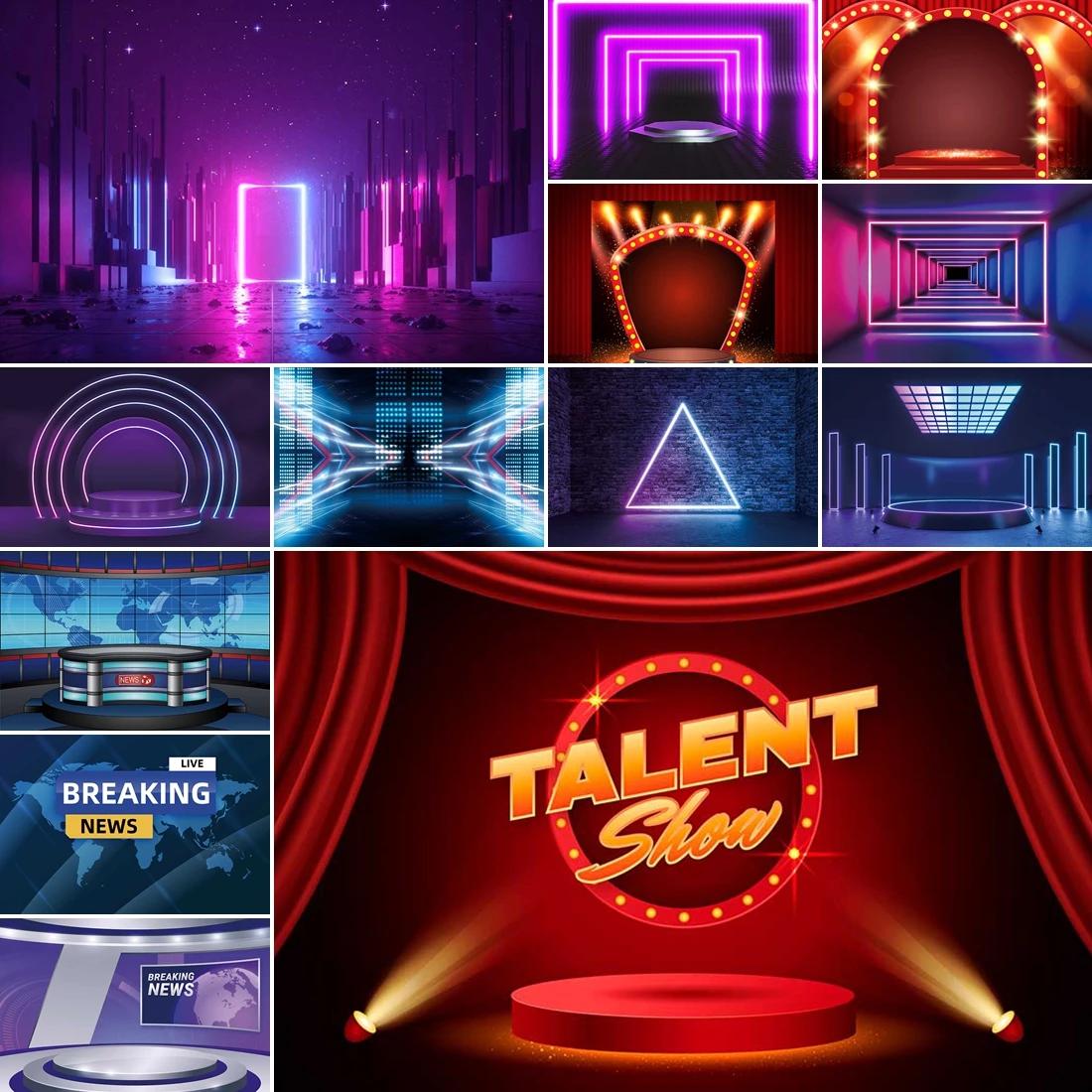 

MOON.QG Neon Lights Stage Backdrop Disco Family Party Theater Show Photography Background Red Curtain Gold Star Cinema Movie