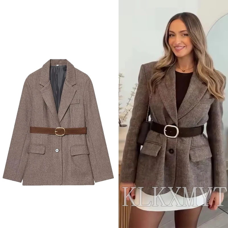

2025 Vintage Women's Blazer Jacket Chic Fashion Twill With Belt Blazers Casual Coat Female High Street Loose New In Outerwear