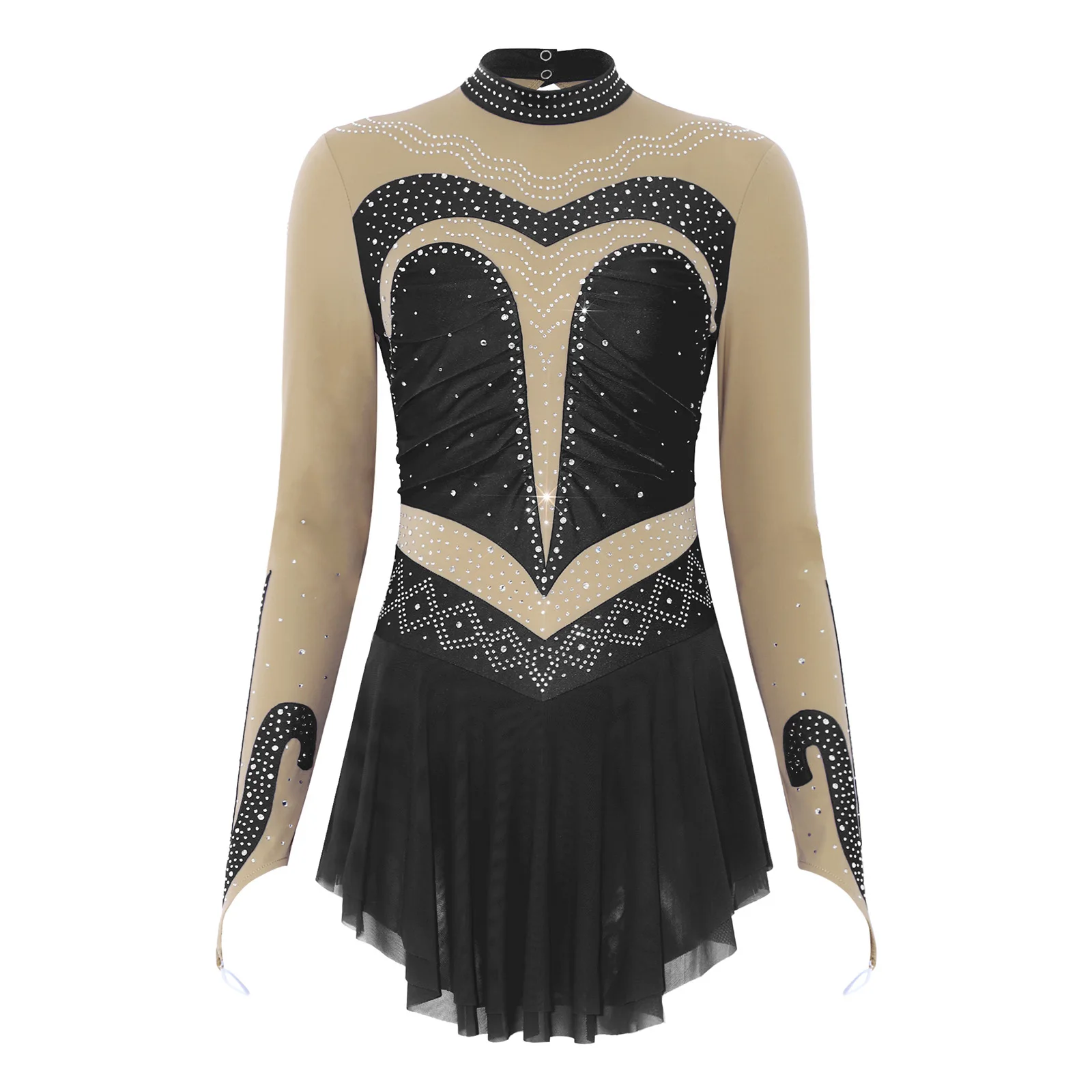 

Women Figure Skating Lyrical Modern Ballet Gymnastics Performance Costume Rhinestones Long Sleeve Tutu Mesh Skirts Leotard Dress
