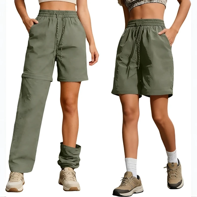 Women Elastic Waist Drawstring Pants Quick Dry Thigh Removable Zipper to Shorts Outdoor Hiking Climbing Trousers Cargo Pants