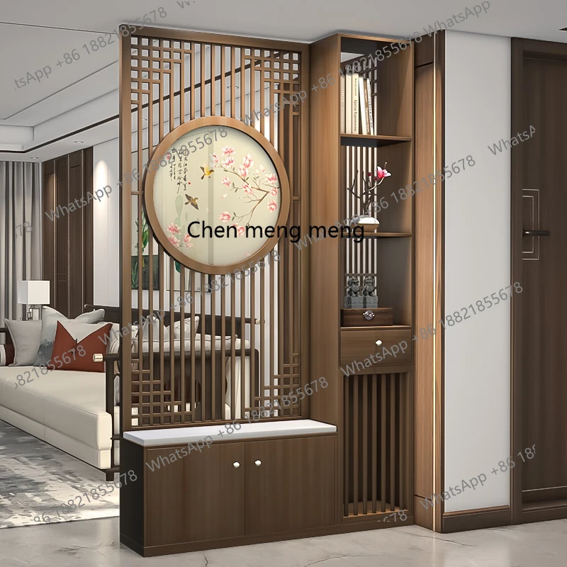 

New Chinese-style shoe cabinet, shoe changing stool, solid wood screen partition, entrance to the living room