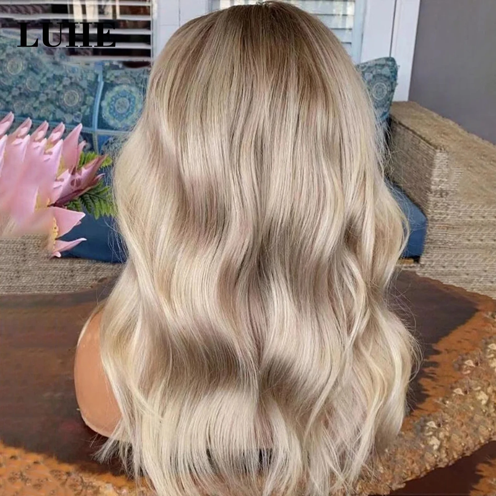 Ombre Platinum Blonde Highlight Long Body Wave Wig 13x3 Synthetic Hair Lace Front Wigs for Women Daily Use Wavy Lace Frontal Wig