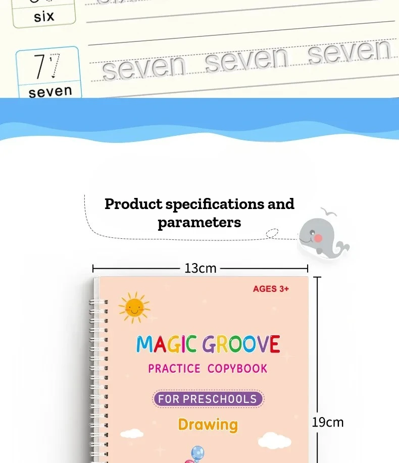 4-teiliges Magic Groove-Übungsheft für Kinder, wiederverwendbares Schreibbuch, verwendet für englische Kalligraphie im Vorschulalter, zum kostenlosen Abwischen und Lernen – Detail 7