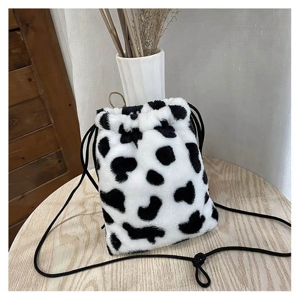 

Winter Mini Small Pouch Women Girl Cow Milk Print Plush Crossbody Bag Drawstring Bag
