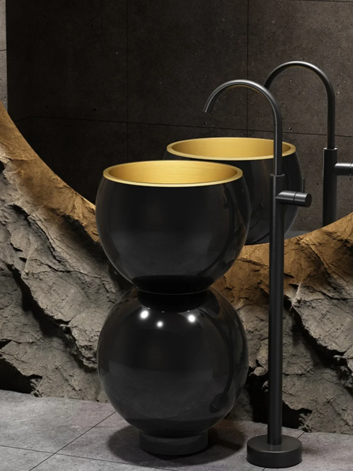 Retro gourd appearance black gold stainless steel column floor-to-ceiling wash basin