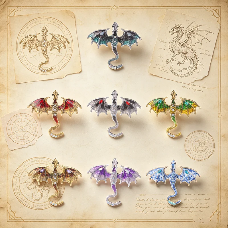 Vintage Dragon Badges Crystal Rhinestone Colorful Winged Enamel Pin Fantasy Gothic Style Brooch Gift Accessories
