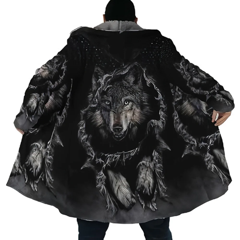 Men's Winter Jacket New Fleeced Long Coats Padding Windbreaker Black Moon Wolf Cloak Zip-up Hoodies Outerwear Parka Warm Jackets