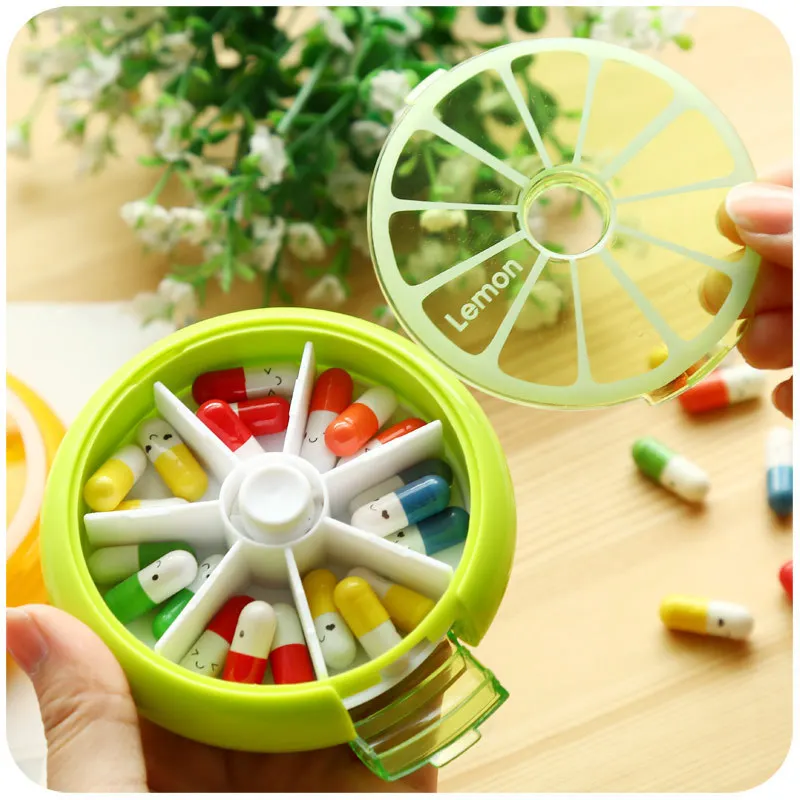 Travel  Portable 7 Day Lemon Rotating Pill Case Medicine Box Pill Dispenser Vitamin Holder Cute Candy Storage Case KO