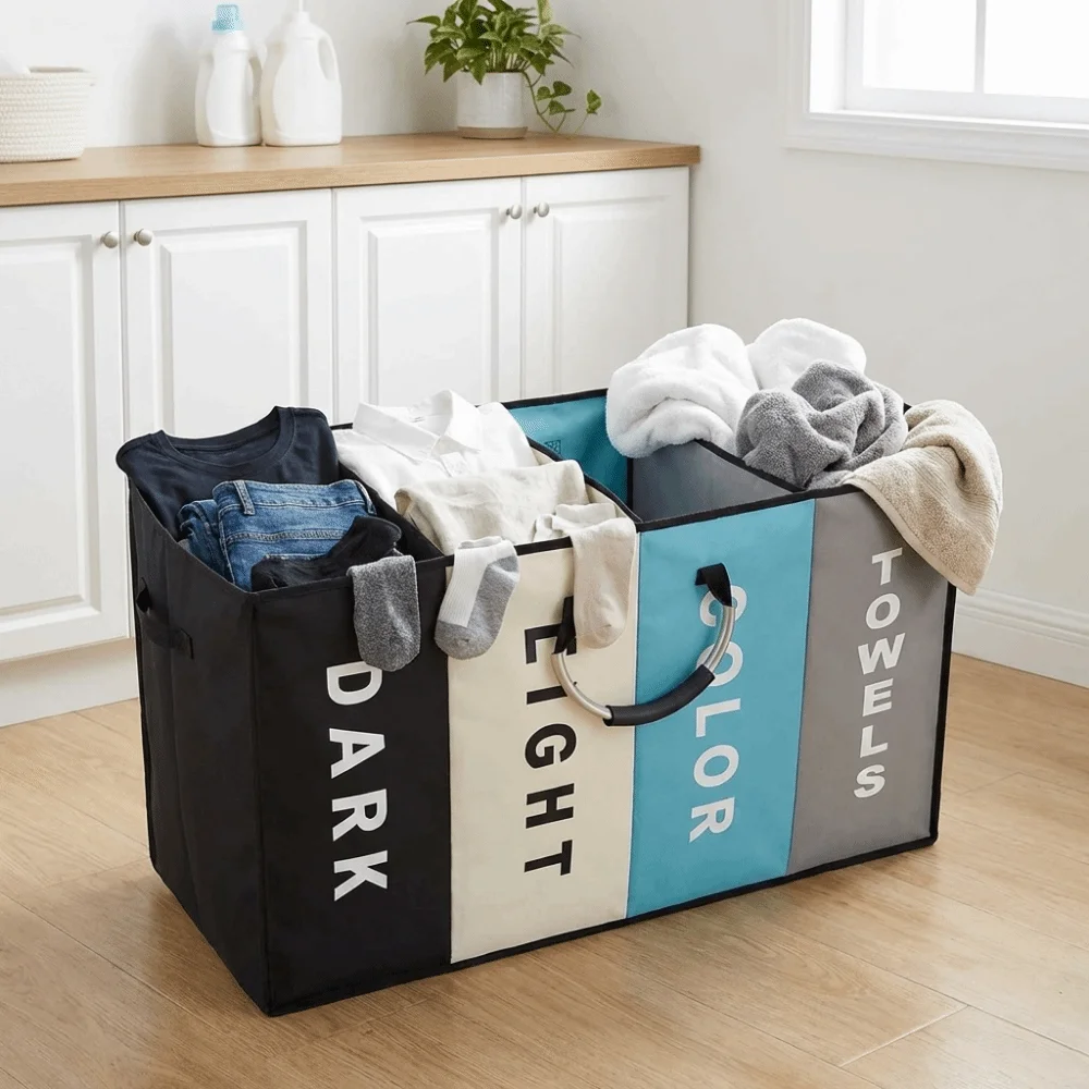 

Large Capacity 4 Grids Dirty Clothes Basket Oxford Cloth Waterproof Dirty Clothes Storage Basket Folding with Handles