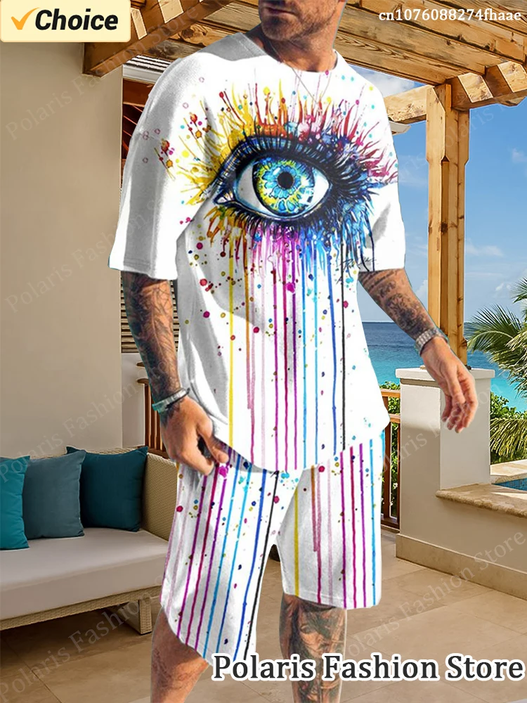 Summer Colorful Eye Graffiti Tracksuit 3D Printed Men Beach Short Sleeve T Shirt Set 2 Piece Outfits Sportwear Clothes For Men