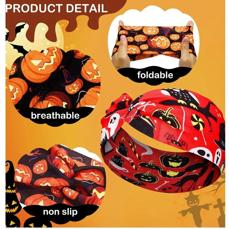 Halloween Skull Flower Print Wide Headbands Vintage Knot Elastic Turban Headwrap For Women Girls Soft Bandana Hair Accessories