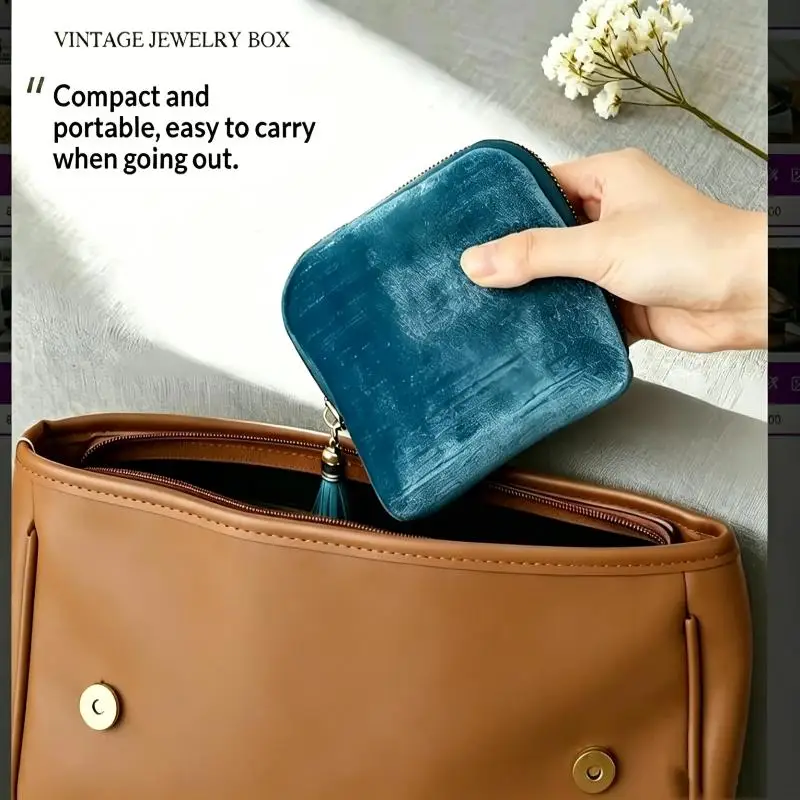 Tragbare Schmucktasche aus Samt mit 6 großen Fächern, Quasten und Reißverschluss, ideal für Reisen und den täglichen Gebrauch, zum Aufbewahren von Ohrringen, Ringen und Armbändern. – Detail 4