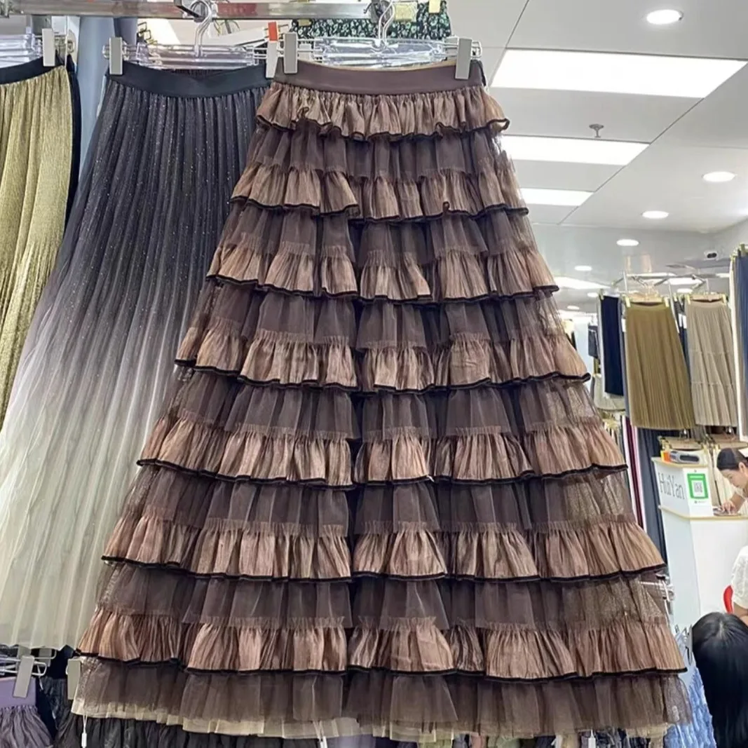 

2025 Autumn New Korean Style Mesh Cake Skirt for Women Fairy the Knee Slimming Large Swing Midi Half Long Elegant Ladies Wear