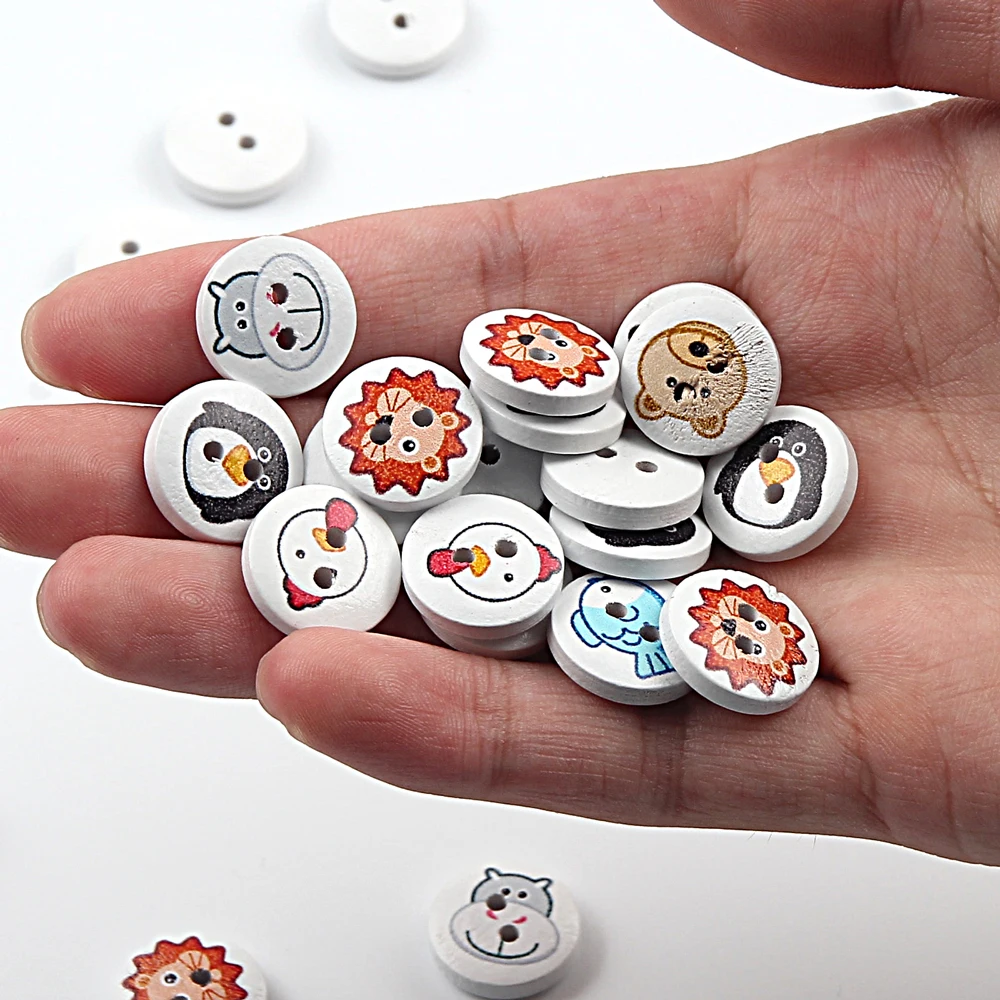 50pcs 15mm Cartoon Animal Buttons Round Wooden Sewing Buttons For Kid Clothing Decoration DIY Needlework Accessories