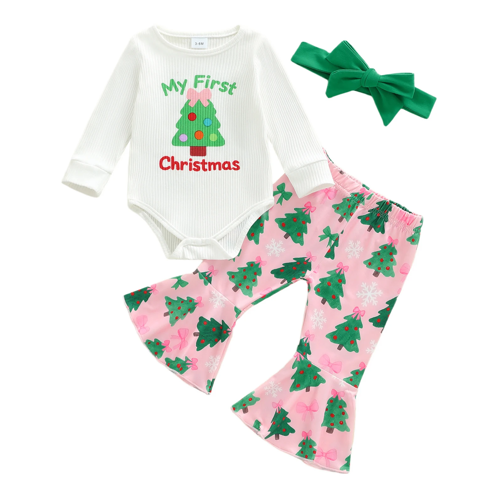 

Первые рождественские наряды для маленьких девочек, комбинезон с длинными рукавами, расклешенные брюки с рисунком дерева и повязка на голову с бантом, комплект из 3 предметов