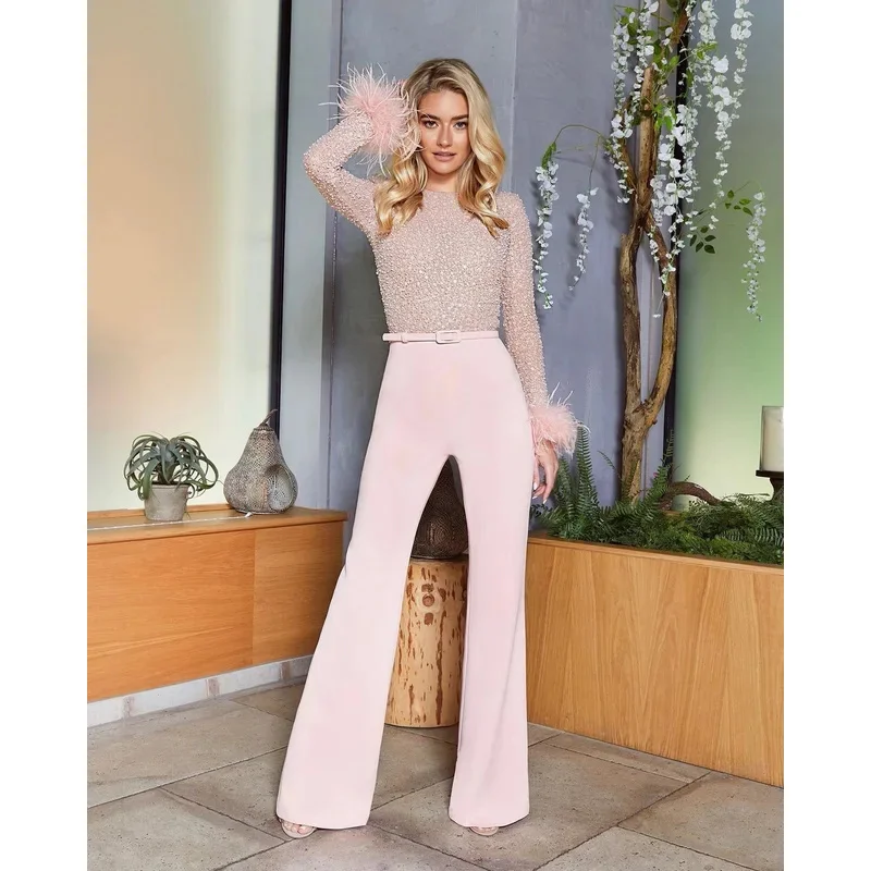 Mode Veer Lovertjes Kralen Stiksel Party Jumpsuit Dames Elegante O-hals Glanzende Romper Lente Vrouwen Elegante Sexy Slanke Overalls