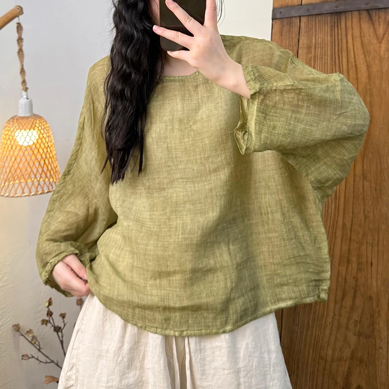 

100% Linen Women Casual T-shirts New 2025 Summer Vintage Style O-neck Solid Color Loose Female Long Sleeve Tops Tees T671
