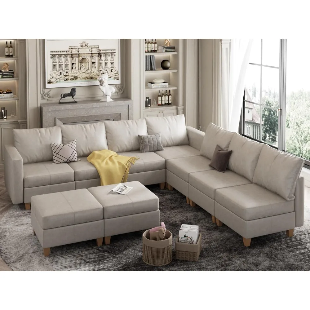 Faux Leather Sectional Couch,with Storage, L Shape 9 Seat Modular Sectional Sofa Couch,Modular Sofa