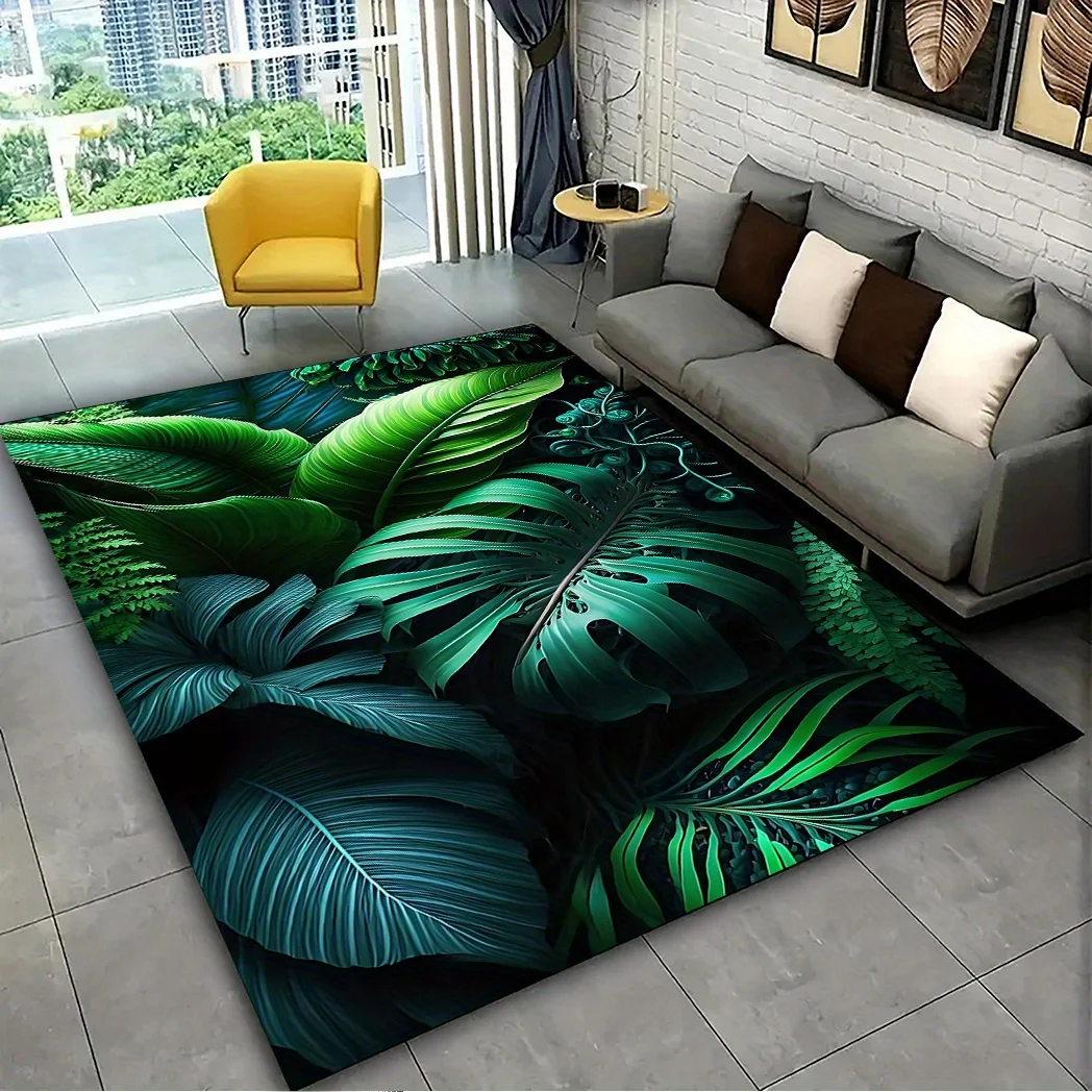 Acogedora alfombra de terciopelo cristalino: hoja tropical, lavable, antideslizante, grande rectangular.