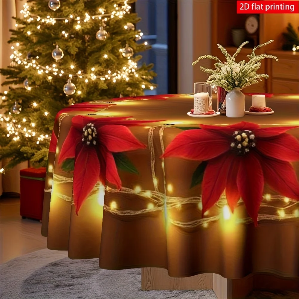 A tablecloth with a Christmas theme, featuring red Christmas flowers and string lights design