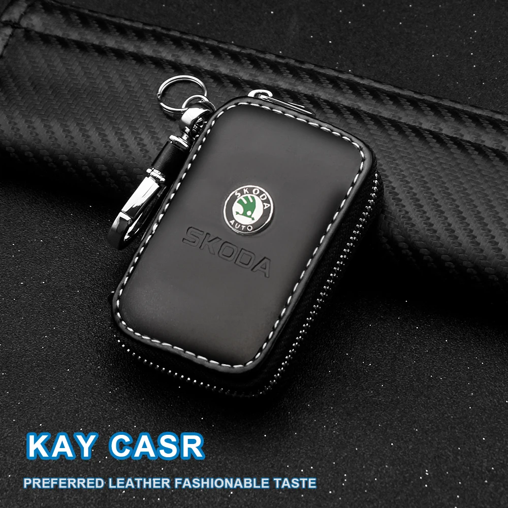 Car Leather Key Case styling Keychain Genuine Leather  Car Logo Key Chain Bag For Skoda Karoq Kamiq Fabia Yeti VRIS Octavia a5