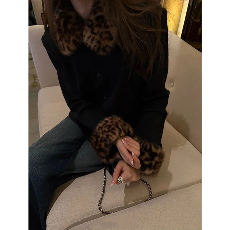 سترة نسائية سوداء عتيقة من MEXZT معاطف هاراجوكو مقصوصة على شكل الفهد ملابس شتوية كورية بأكمام طويلة ملابس خارجية قصيرة