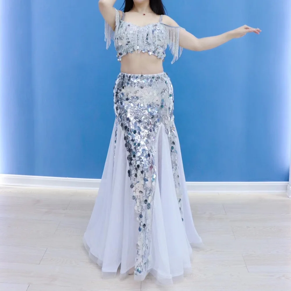 Belly Dance Silver Dress Performance Costume Oriental Dance Big Swing Skirt Diamond Tassel Sequin Glittering Performance Costume