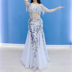 Belly Dance Silver Dress Performance Costume Oriental Dance Big Swing Skirt Diamond Tassel Sequin Glittering Performance Costume