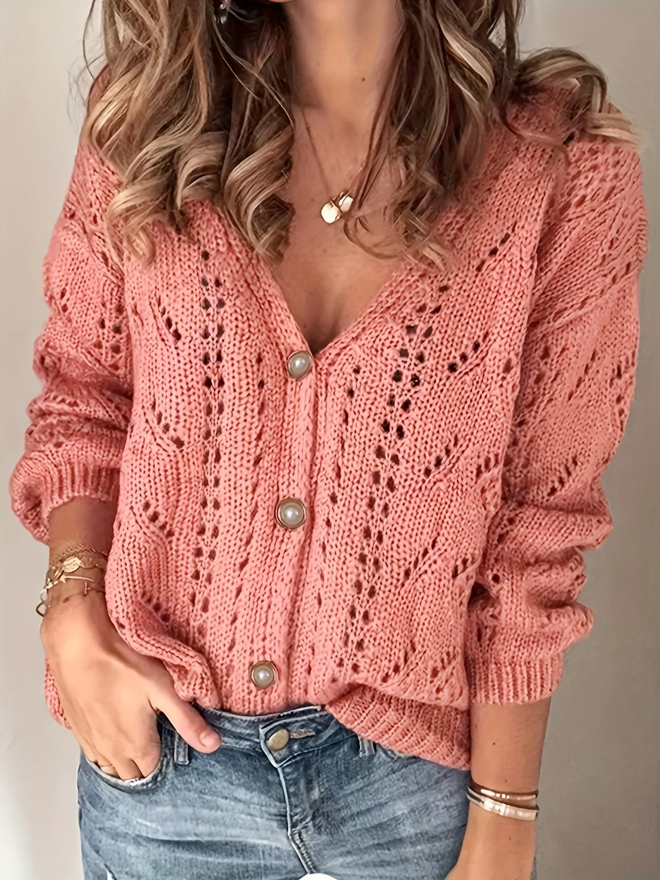 

Hollow Solid Knit Cardigan Casual Button Front Long Sleeve Sweater Women's Clothing