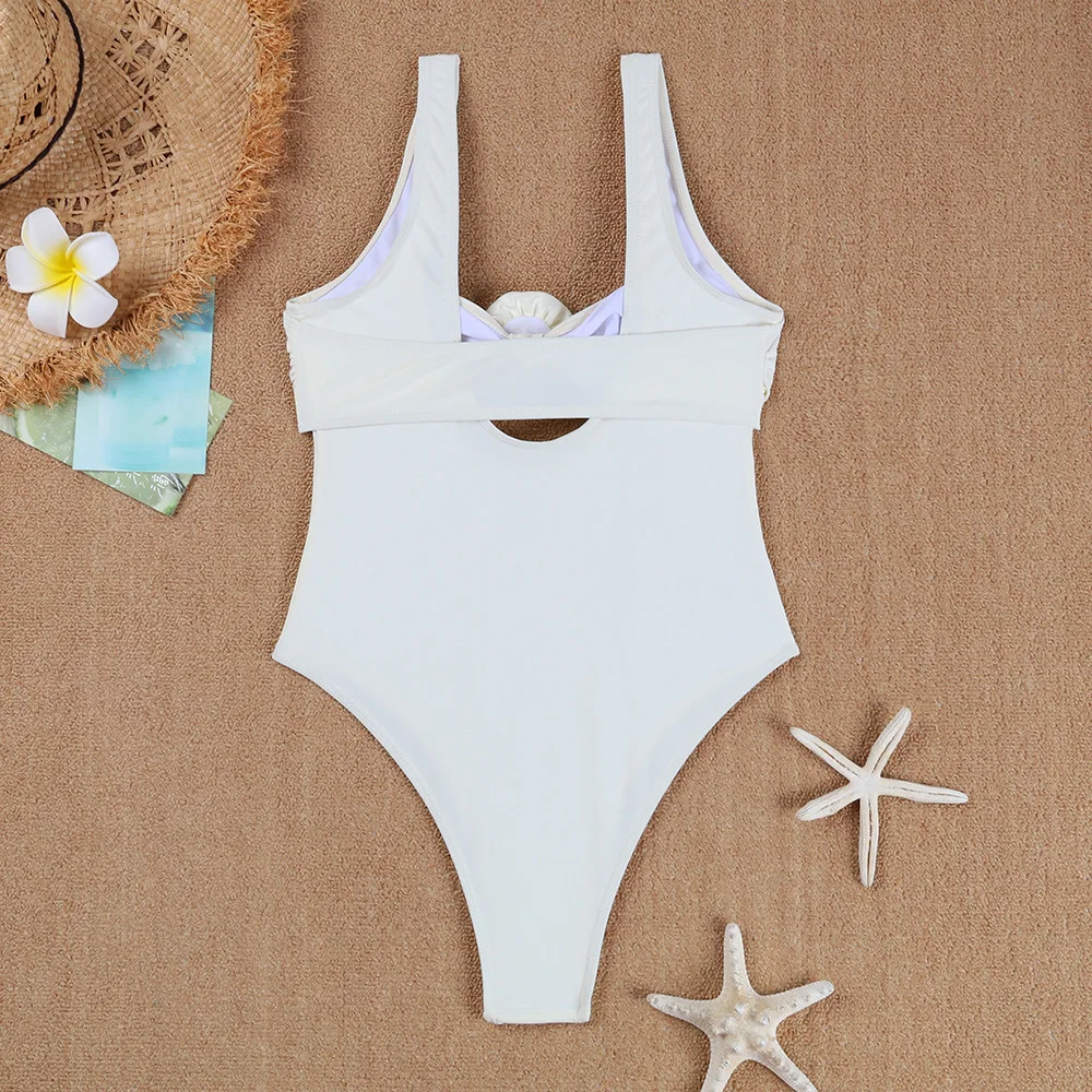 2025 nuevo traje de baño Sexy de una pieza con agujeros, traje de baño de flores sólidas con tiras, traje de baño para mujer, ropa de playa, Monokini sin espalda para verano