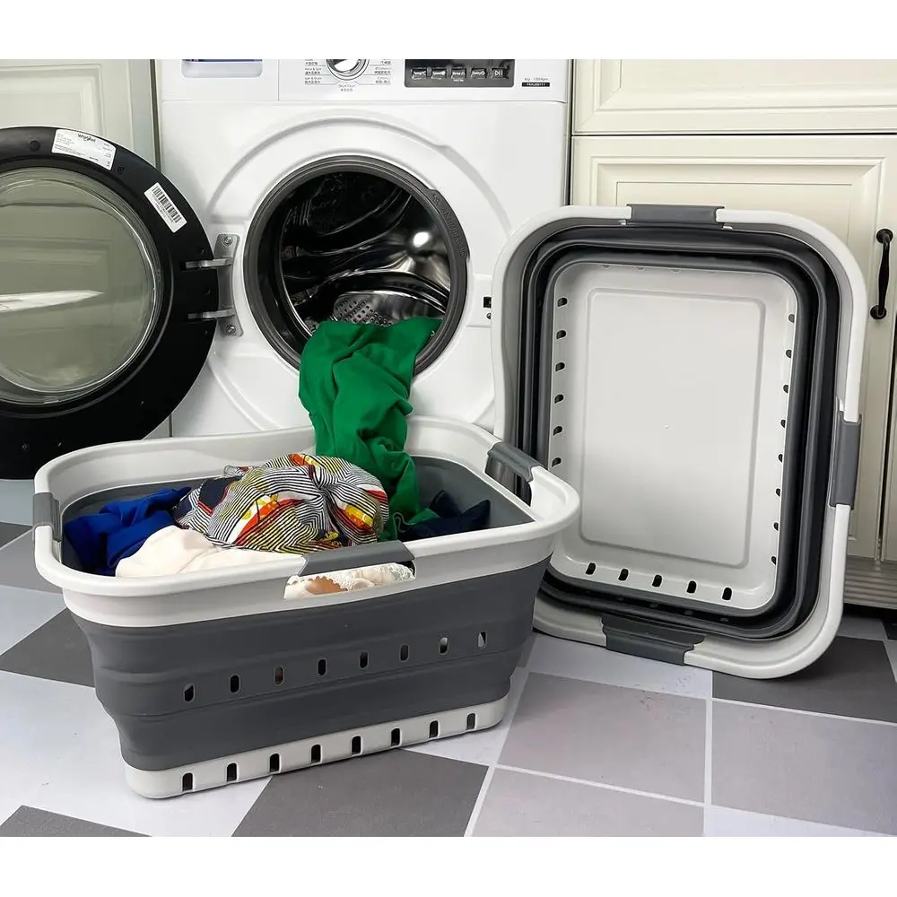 

Collapsible 42L Dual Plastic Storage Baskets - Portable Laundry Organizer with Space-Saving Design (Grey/Steel Grey)