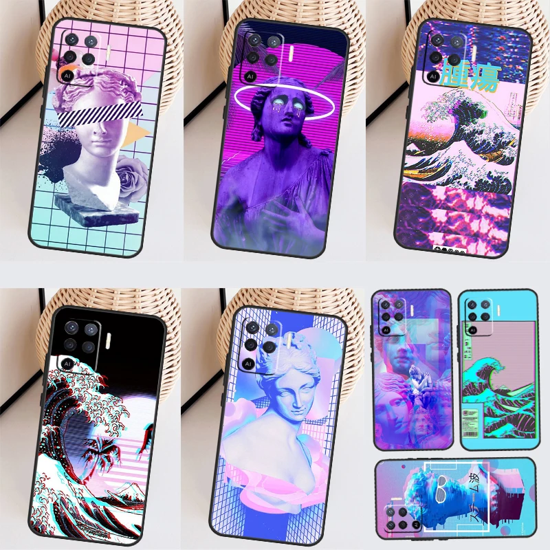 Great Wave Retro Cyber Statue Case For OPPO A57S A54S A53S A96 A76 A5 A9 A15 A16 A17 A18 A78 A98 A54 A74 A94 A52 A72 A77