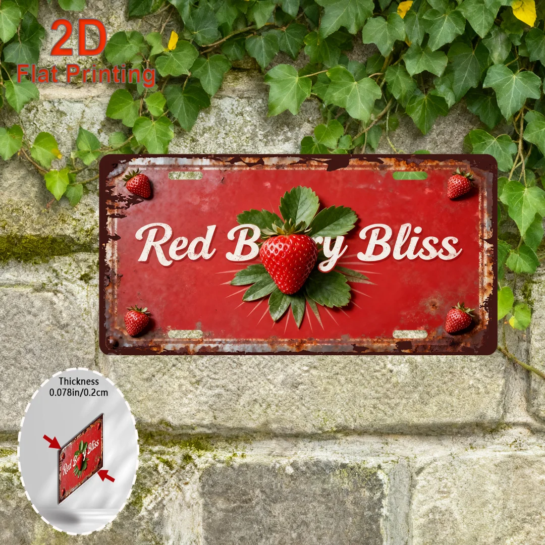 Panneau en métal aluminium 2D plat, thème fraise vintage - 6"x12" (15x30cm) Décoration murale Red Berry Bliss avec framboise et mûre