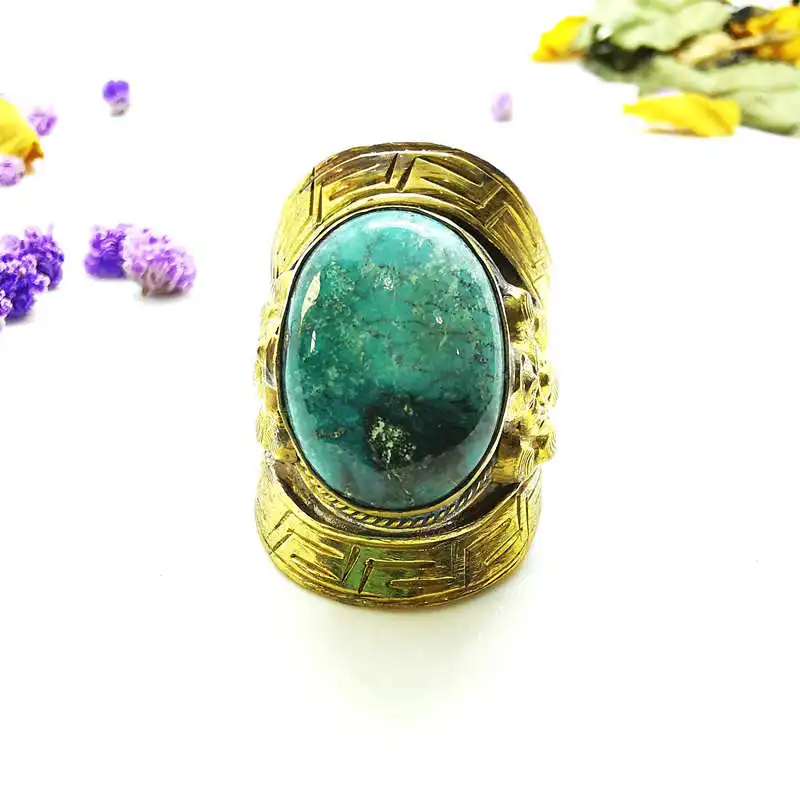 

Тибетские большие кольца для мужчин, кольцо из золотой латуни с инкрустацией натуральной бирюзой R029