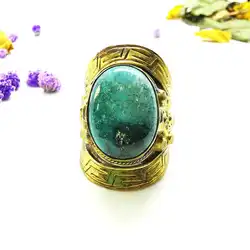 Tibetan Big Rings for Man Golden Brass Inlaid Natural Turquoise Ring R029