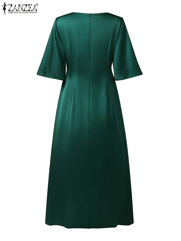 ZANZEA femmes robe d'été 2025 élégant européen à volants longue ourlet fendu Satin soie robe mode ceinture O cou demi manches fête Vestido
