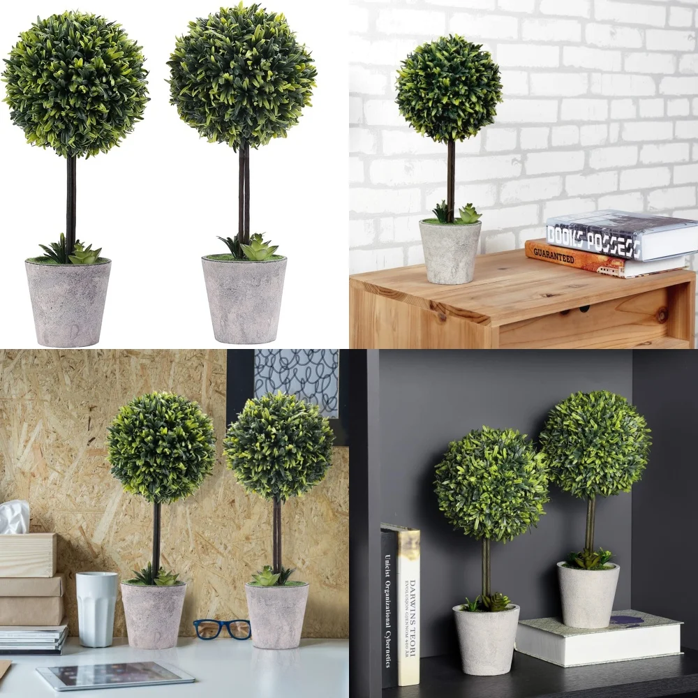 

Artificial Boxwood Topiary Tree Set of 2 Modern Gray Pulp Planter Indoor Outdoor Decor Greenery Plants for Home Garden Office