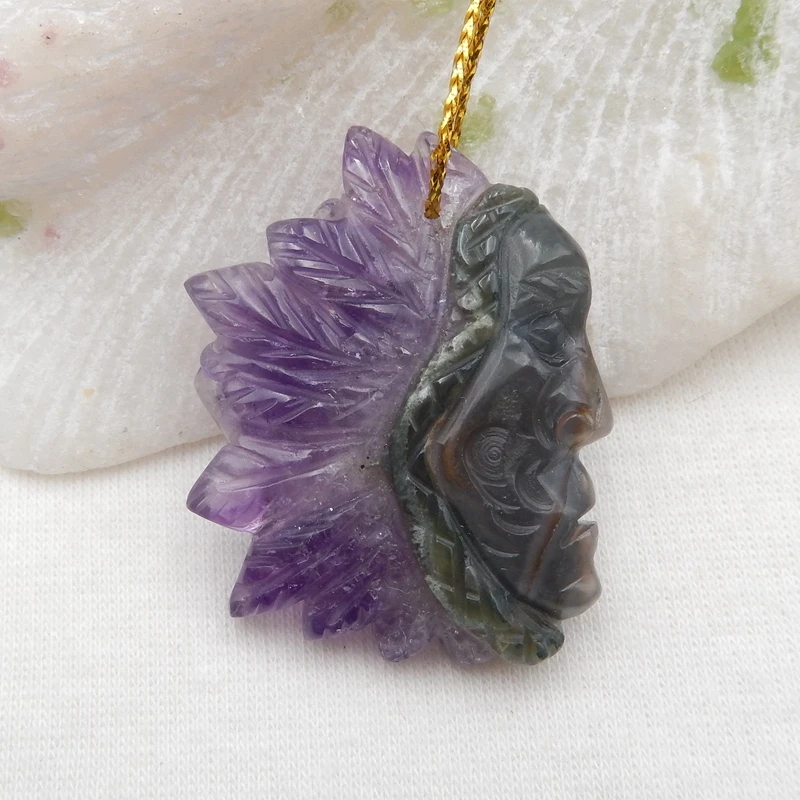 

Top quality Amethyst Carved Indian head Pendant 39x30x5mm13.5g