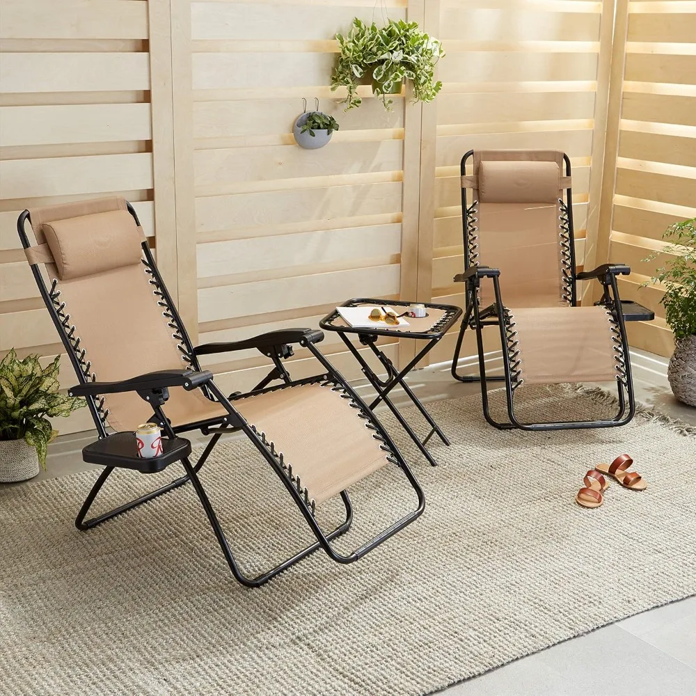 Reclining Lounge Chair Set: Cup Holder, Side Table, Headrest, Weather-Resistant, 35x26x43 inches, Beige, 2-Pack Patio Garden