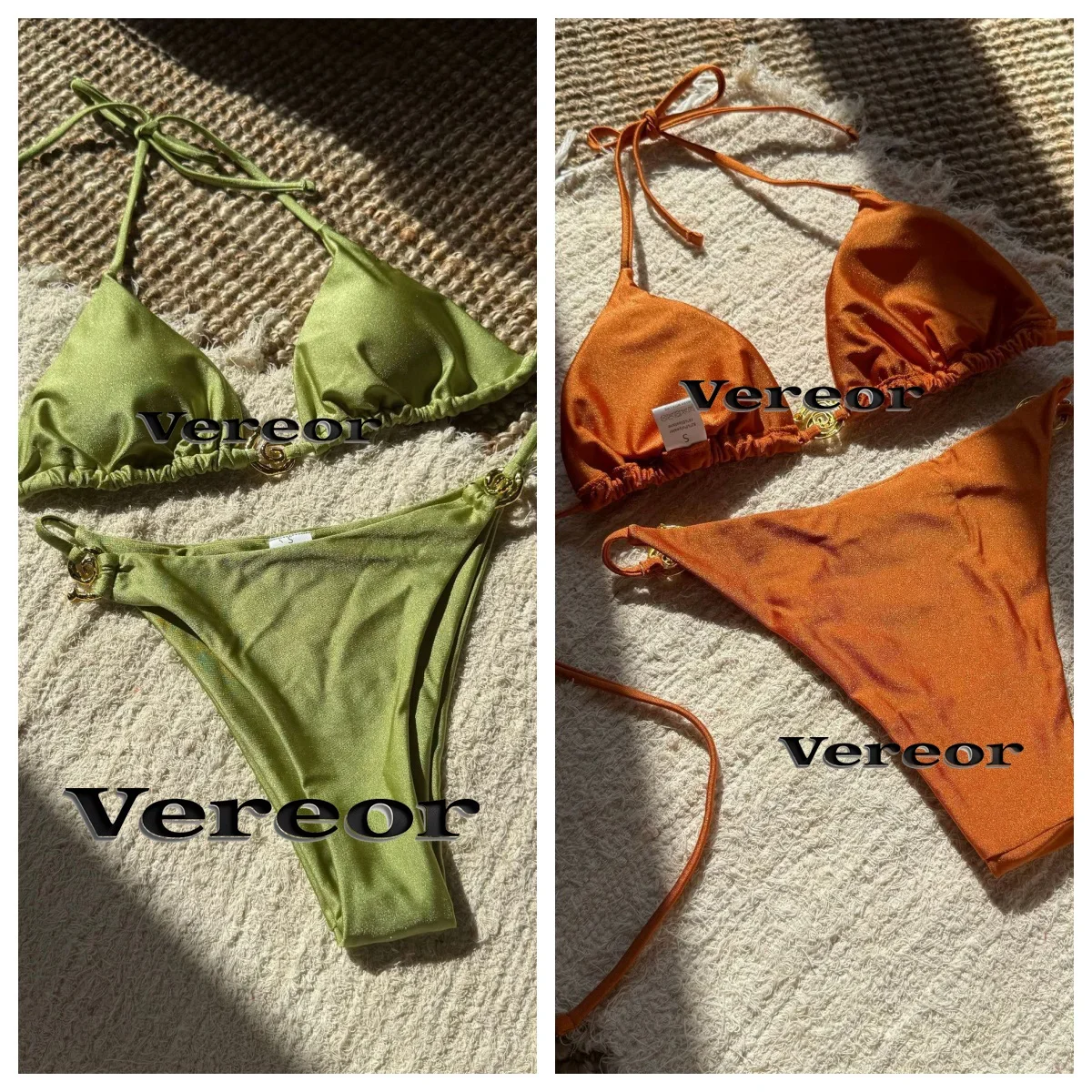 

Сексуальный нейлоновый комплект бикини 2025: купальник из двух частей с металлическим кольцом и завязкой на спине и вырезами | Блестящие пляжные предметы первой необходимости