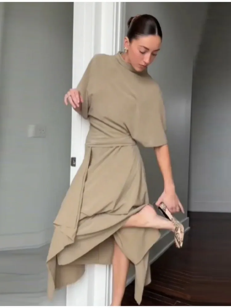 Women Camel Draped Two Piece Set Elegant Mock Neck Ruched Waist Top Asymmetric Midi Skirt 2026 Casual Daily Date Office Outfit