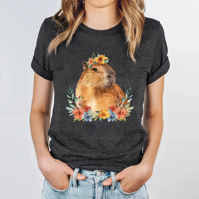 Woman T-shirts Flower Capybara Cartoon Short Sleeve T-shirt Vintage Shirts for Women Top Tees Cute Animal Crew Neck Casual Tops