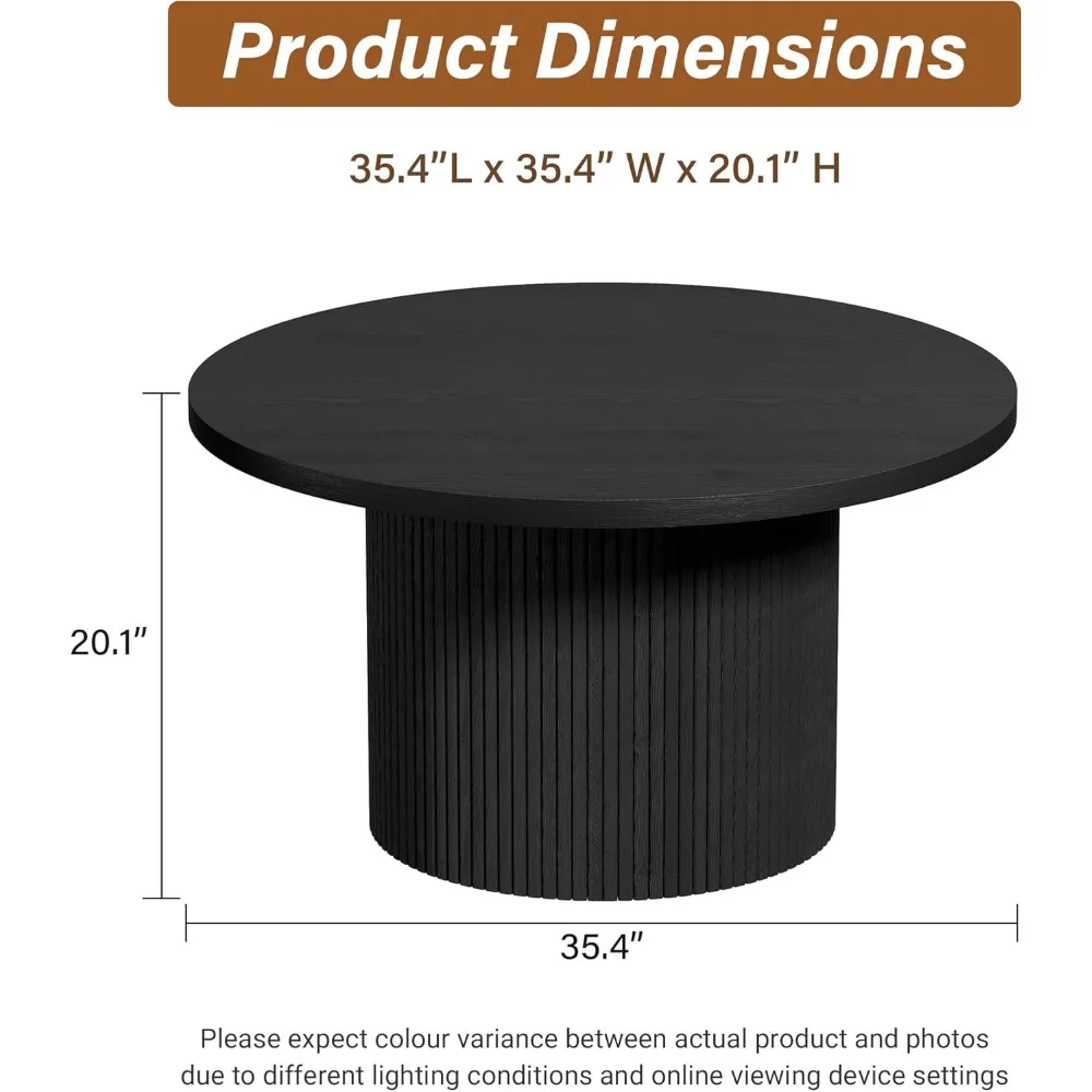 طاولة قهوة مستديرة، طاولة قهوة مستديرة واسعة 35.4، طاولة خشبية لغرفة المعيشة وطاولة مركزية، باللون الأسود #2
