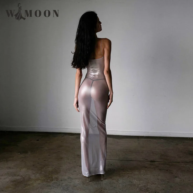 See Through Shiny Silver Maxi Dresses for Women 2023 Summer Midnight Party Clubwear Sexy Spaghetti Strap Backless Bodycon Dress