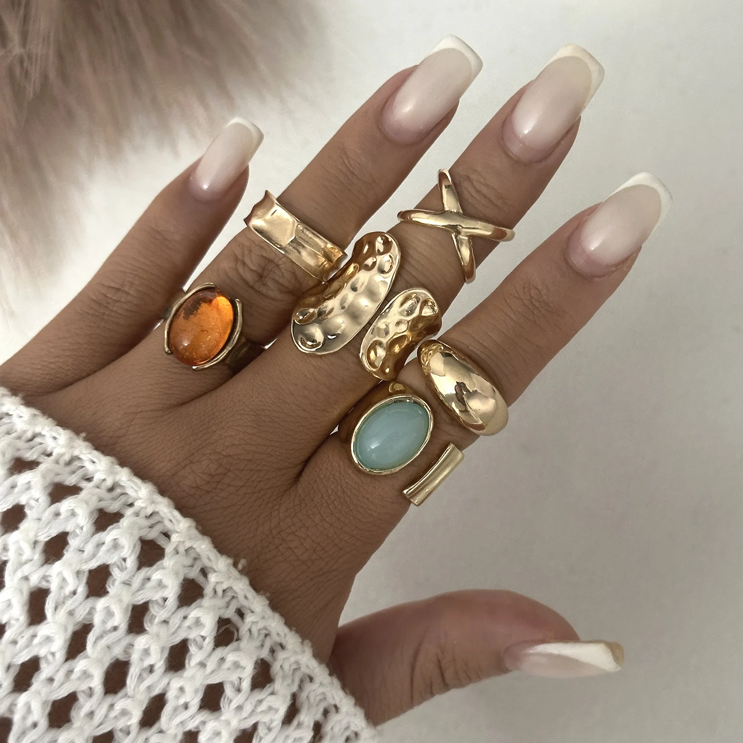 6Pcs/Set Vintage Metal Petal Flower Open Rings for Women Goth Punk Gold Color Geometric Irregular Ring Daily Jewelry Party Gifts