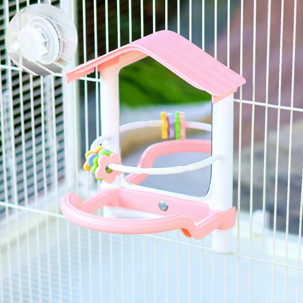 Jouet à mâcher interactif pour perroquets, miroir couineur, 3 couleurs, grand format, motif dessin animé mignon, écologique et durable, accessoire suspendu pour cage à oiseaux